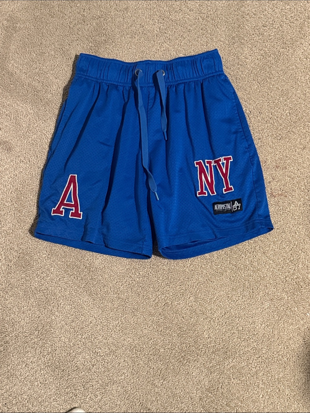Aeropostale Blue Men's Mesh Athletic Shorts with Red Letter Patches